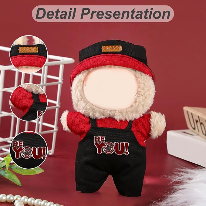17cm Doll Clothes Set (No Doll) – Outfit with Hat & Overalls, Handmade Accessories for Mini Dolls, OB11-Compatible Dress-Up Gift (Black Hat)