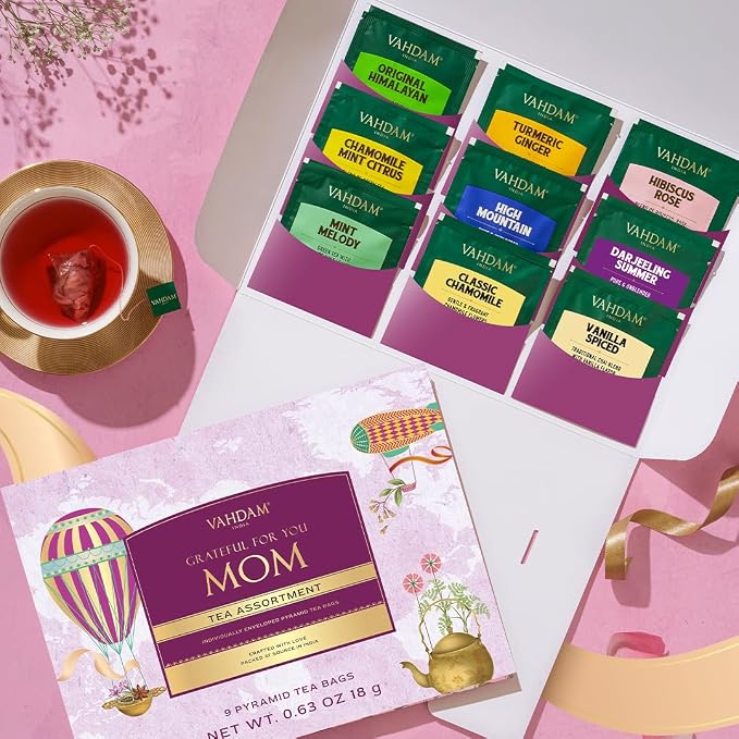Limited Edition - Mothers Day Gifts for Mom from Son, Daughter | Assorted Tea Gift Set - 9 Tea Variety Pack | Long Leaf Pyramid Tea Bags | Mothers Day Gifts for Mom/Grandmother | VAHDAM