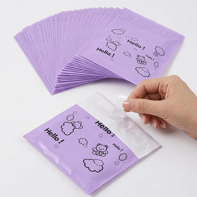 [110 Count] Bynibiny Purple Feminine Hygiene Disposal Bags for Pads | PE Self-Sealing Sanitary Napkin Bags with Adhesive Strip, 29x17cm, Teddy Bear Print, Discreet for Bathroom, Travel, Office