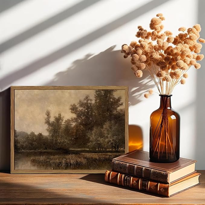Framed Vintage Landscape Canvas Wall Art, Rustic Forest Lake Wall Decor Paintings, Retro Country Nature Pictures Prints Aesthetic Home Decor for Living Room Bedroom Office Farmhouse 12x16 inch
