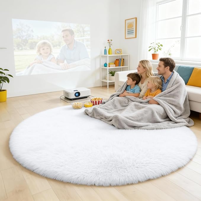 OLANLY White Round Rugs for Bedroom - Machine Washable, 9 ft Circle Area Rugs for Living Room, Soft and Fluffy Shaggy Carpet for Teen Girls and Boys, Nursery Rooms, Dorms, Home Decor Aesthetic