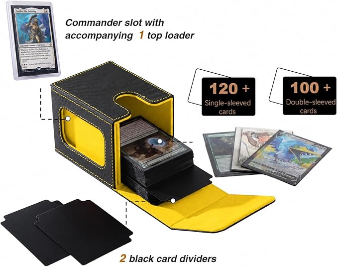 Venssu MTG Deck Box for Commander Display,Card Deck Box Fits 100 Double Sleeved Cards,TCG with 2 Dividers and 1 Toploader (Black and Yellow)