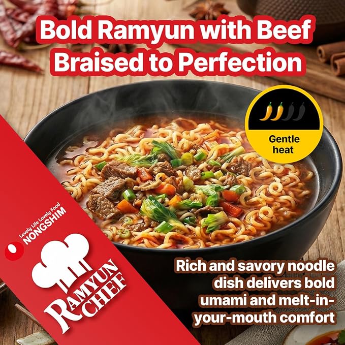 Nongshim Ramyun Chef, Instant Ramyun Noodles with Soup Mix, Braised Beef, 4.02 Oz (Pack of 4)