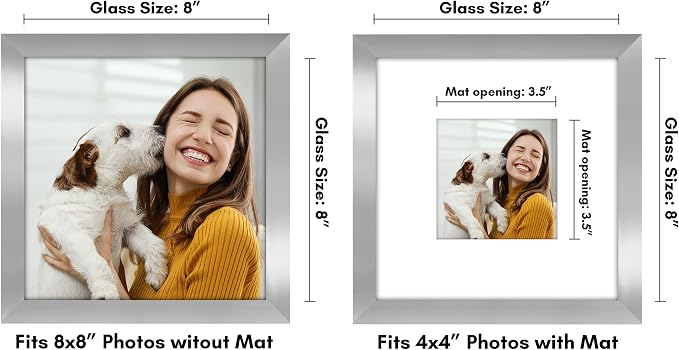 Americanflat 8x8 Picture Frame - Matted to 4x4 - Engineered Wood - Silver | Shatter-resistant glass, wall or tabletop display with included easel, sawtooth hangers included