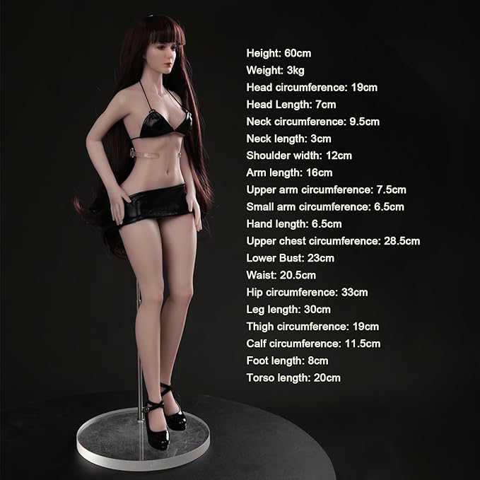 1/3 Female Action Figure Doll - Full Body Silicone Flexible Seamless 60cm for Cosplay Photography Arts (Ivory White, Black Hair)