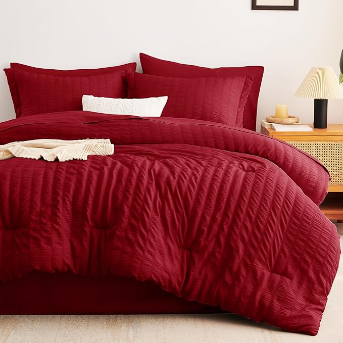 CozyLux Twin XL Comforter Set with Sheets Seersucker Dark Red 5 Pieces Bed in a Bag, Twin Extra Long Luxury Bedding Sets for College Dorm with Down Alternative Comforter, Sheets, Pillowcase & Sham