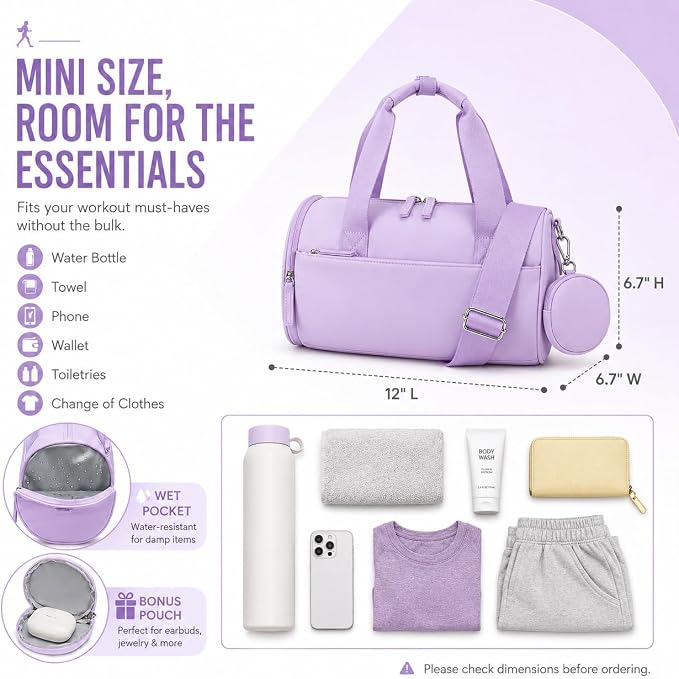 BTOOP Mini Gym Bag for Women, 12-Inch Small Duffle Bag with Wet Pocket and Coin Purse, Lightweight Water-Resistant Workout Bag for Yoga, Pilates, Dance and Travel (B-Purple)