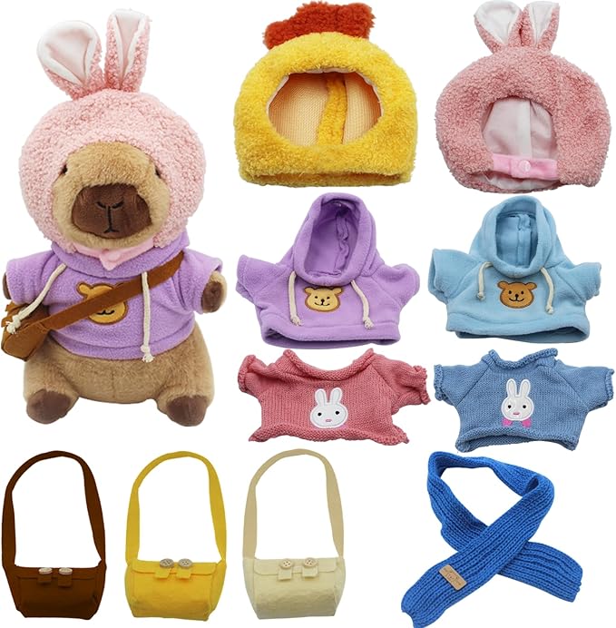 Capybara Plush with 10 pcs Clothes & Accessories, Dress Up Capybara Stuffed Animal Plush Toys with Outfits, Including 10 Sets of Clothing and Accessories, Suitable for Boys and Girls as Birthday Gifts