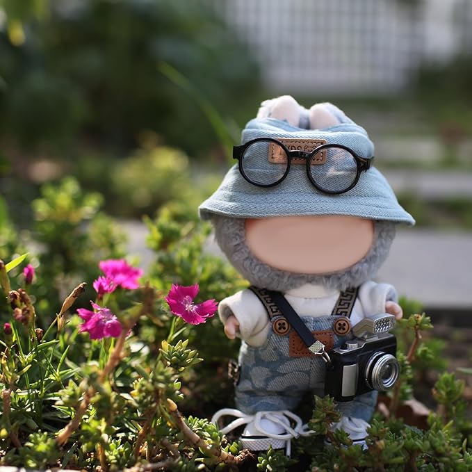 6 Piece 17cm Doll Clothes, Outfit Set with Accessories for 17cm Dolls, Denim Style Outfit Set with T-Shirt + Denim Overalls + Canvas Sneakers + Denim Hat + Mini Camera + Glasses, No Doll Included