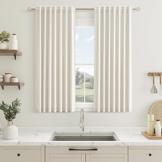 Guken 100% Blackout Linen Short Curtains for Bedroom 45 Inches Long Natural Cream Black Out Curtain Back Tab Thermal Insulated Room Darkening Window Drapes for Living Room 2 Panels Beige Ivory 52x45