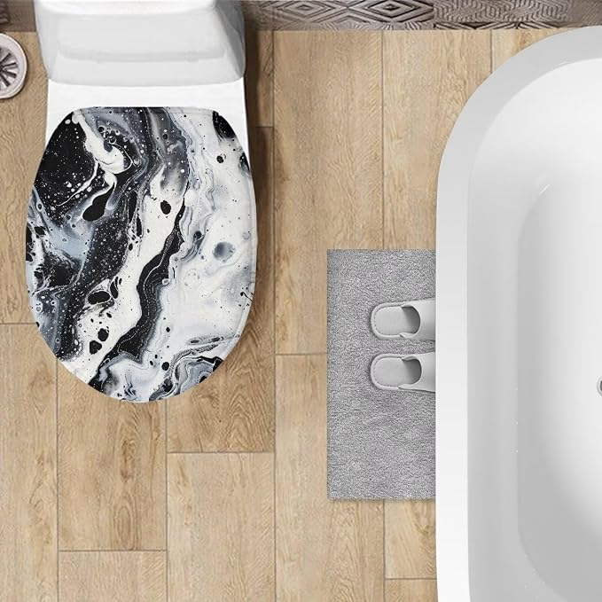 Black and White Marble Toilet Seat Cover, Soft and Comfortable Flannel Seat Cover, Elastic Band at the Bottom Toilet Lid Cover