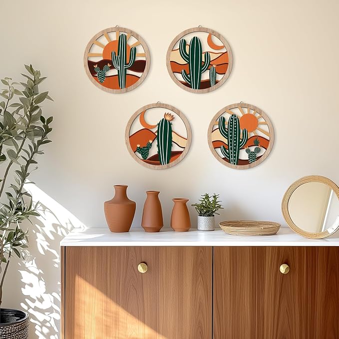 HPNIUB Boho Cactus Wall Decor, Rustic Desert Tropical Botanical Hanging Wood Sign for Living Room, Round Southwest Plant Wooden Plaque, Sun and Moon Wall Art for Apartment Office(10''x10'')