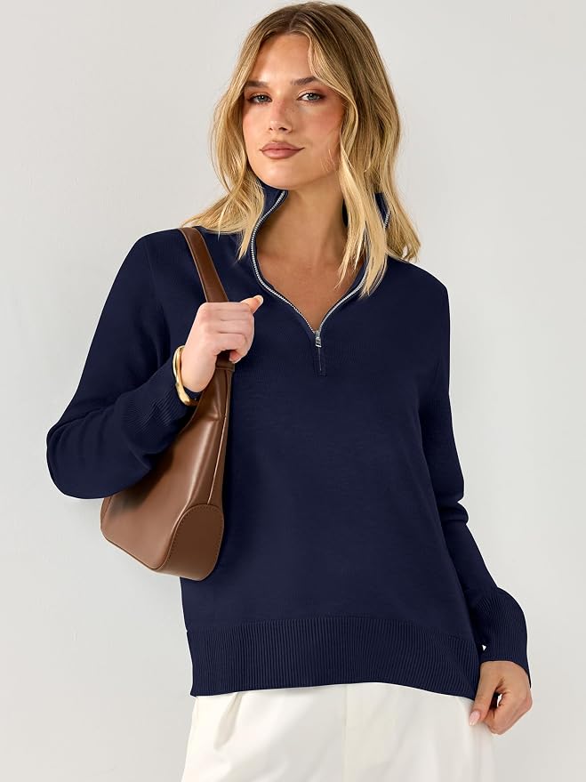 ANRABESS Women Quarter Zip Long Sleeve Fall Pullover Sweater | Soft Knit Fabric Medium Stretch, Business Casual Work Office, Travel Vacation, 2026 Trendy Fashion, Winter Cozy Outfits