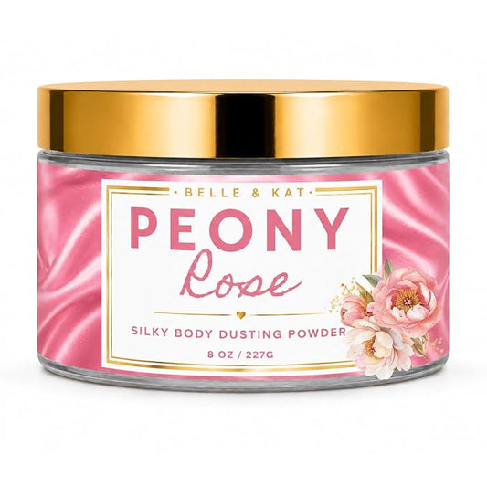 Body Powder for Men & Women Scented Peony & Rose, Bath Perfume Dusting Powder with Fragrance & Essential Oils, Talc Free 8oz Large Container with Puff, Made in USA