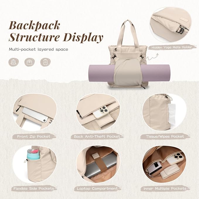 GOLF SUPAGS 3-in-1 Laptop Tote Backpack for Women 15.6" Quilted Work Gym Bag with Hidden Yoga Mat Carrier for Travel Leisure (Apricot)