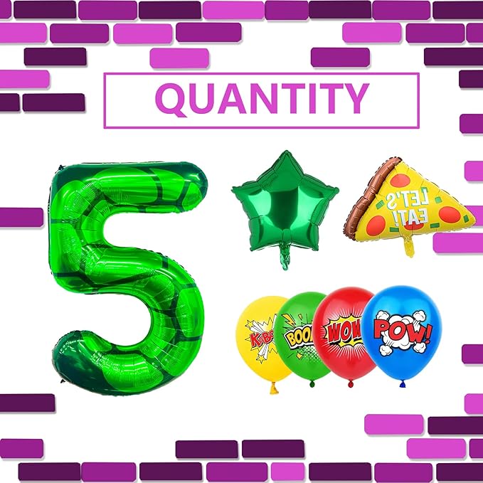 7Pcs Cartoon Turtle Theme Birthday Decorations 40 Inch Number 5 Foil Balloons Super Green Turtle Themed Hero Large Mylar 5th Number Balloon Video Game Pizza Balloons Party Favors Red