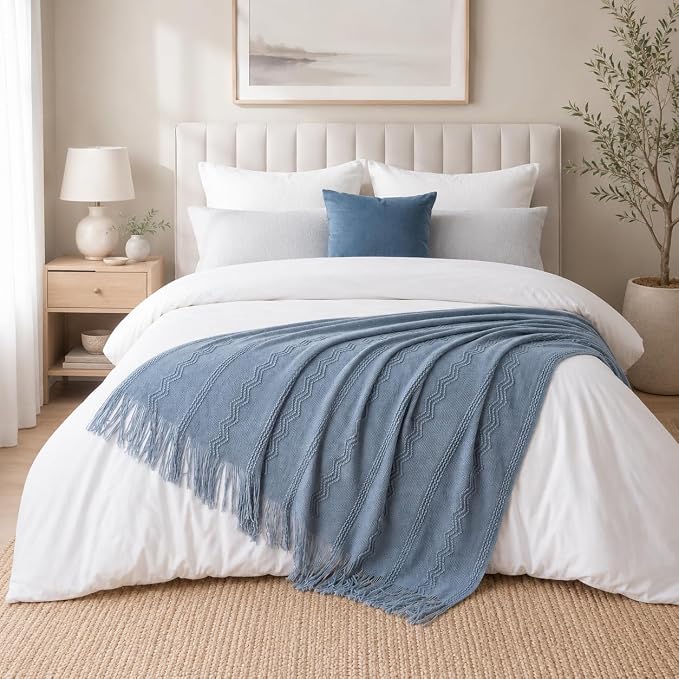 BATTILO HOME Light Blue Throw Blanket for Couch, 50"x60" | Soft Knit Throws with Tassels for Home Decor, Blue Grey Throw Blanket for Bed Sofa