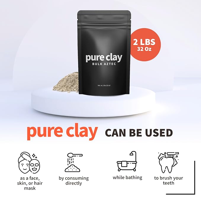 Pure Clay Bulk Aztec Organic Bentonite Clay Powder 2 lb Resealable Pouch Calcium Bentonite for Face Mask, Hair Mask, Body Wrap, Foot Bath, Bath Soak, Poultice, DIY Spa Skin Care Deep Pore Cleanse