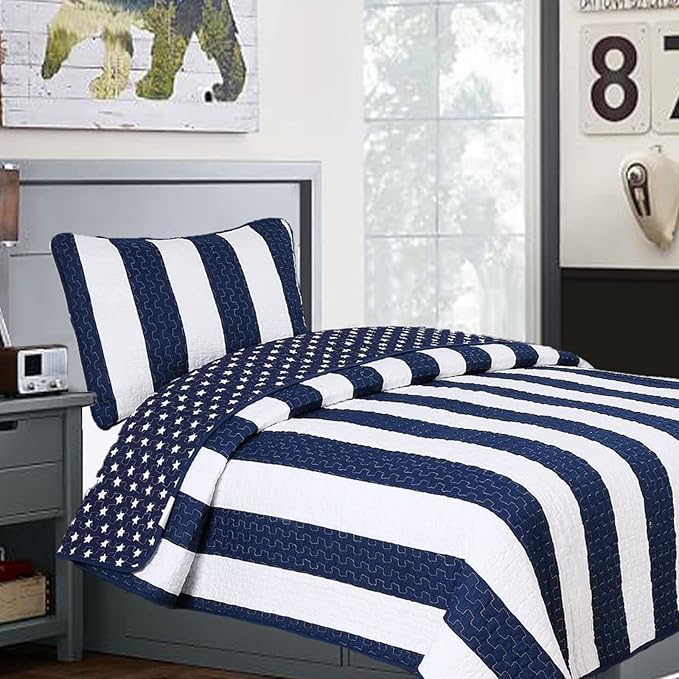 Cozy Line Home Fashions Sailor Popeye 's Bedding Quilt Set, Nautical Navy Blue White Star Striped 100% Cotton Reversible Coverlet Bedspread for Kids Boy (Sailor Star, Twin - 2 Piece)