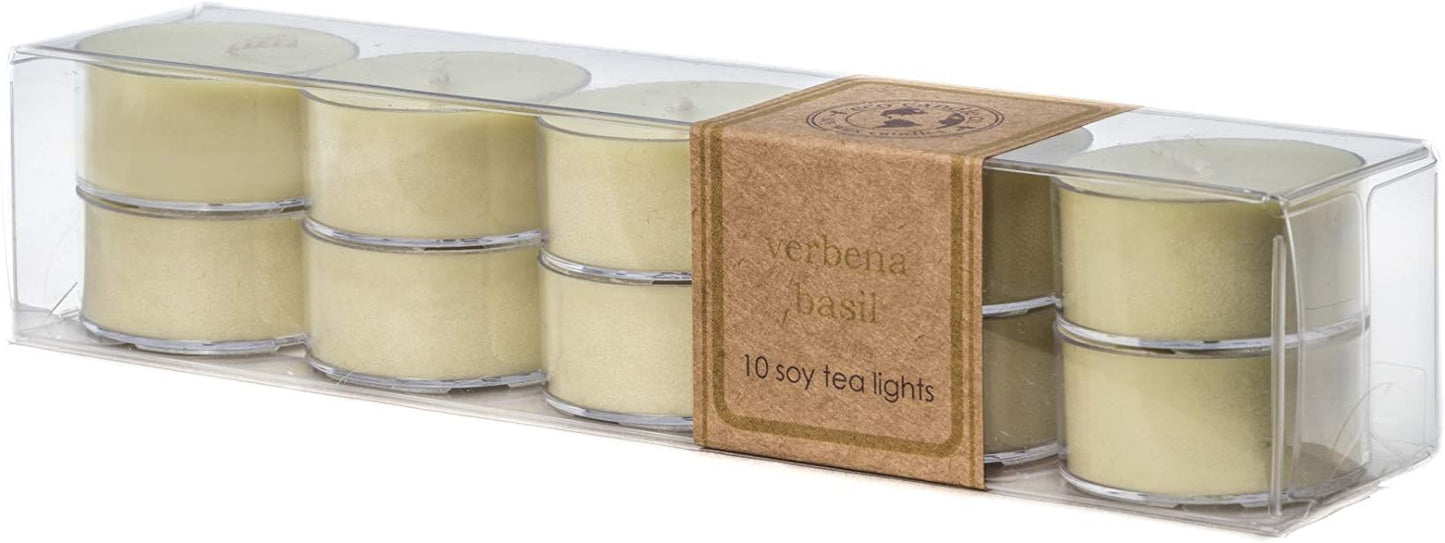 Eco Candle Co. Verbena Basil Tea Light Candles, 10-Pack, 9 Hr Burn Time | Scents of Lemons, Verbena, Basil, & Cedar - Recyclable, No Lead, Hand Poured, Made from Midwest Grown Soybeans, .6 oz. Each