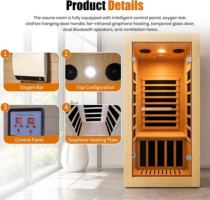 Infrared Sauna 1 Person Far Infrared Sauna Indoor Home Dry Sauna | Wood Low EMF for Home Gym Spa with Speakers & 10 Color Lights for Women Men Elder Compact Size 32.3 * 28.3 * 61.4"
