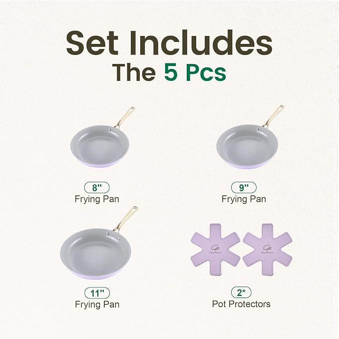 Chef Power Ceramic Frying Pan with Stainless Steel handle 5Pcs Set, Non Stick Grill Pan Set, Dishwasher and Oven Safe, Light Purple and Granite Grey