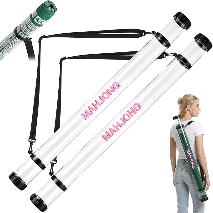 Gemscream 2 Pcs 37 Inch Mahjong Mat Storage Tube Plastic Waterproof Mahjong Mat Holder with Strap and Printed Outdoor Travel Storage Tube for Board Games Yoga Mats Tripod, Mats Not Include (Clear)
