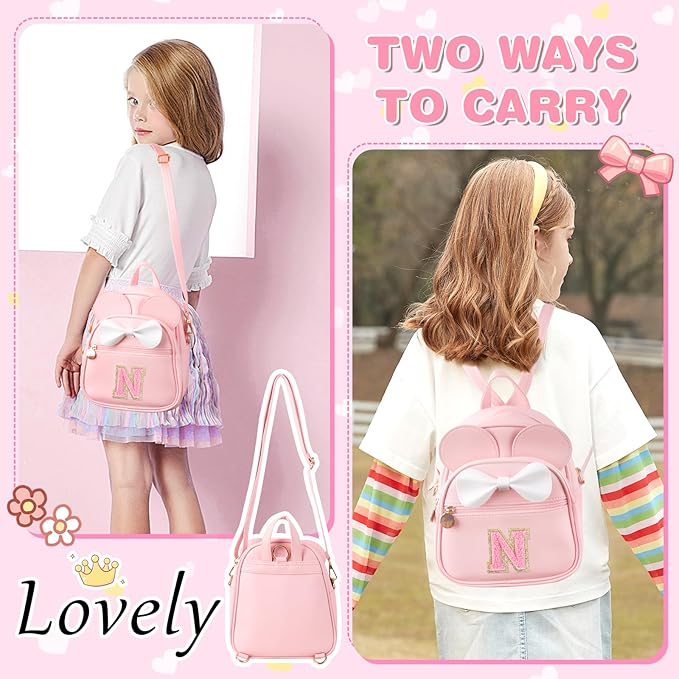 Personalized Toddler Backpack for Girls 3–10, Cute Mini Bowknot Mouse-Ear Toddler Bookbag Crossbody Purse, Small Daypack Wallet Set, Initial Birthday Gift, Trendy Little Kids/Teen Bag(Pink,N)