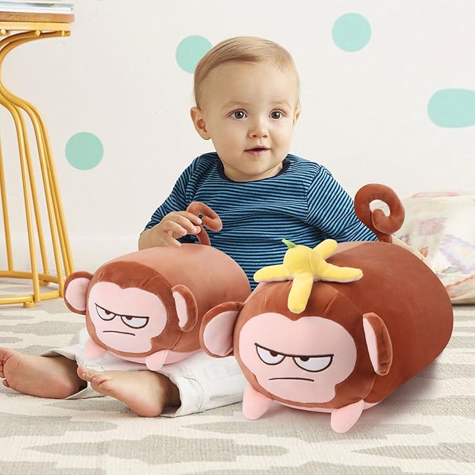 Achwishap Banana Monkey Plush Pillow,Monkey Stuffed Animal Plushy Toy,Cute Plushie Banana Monkey Kawaii Plushie,Lovely Monkey Hugging Pillow for Gifts Girls Boys(14”Brown)