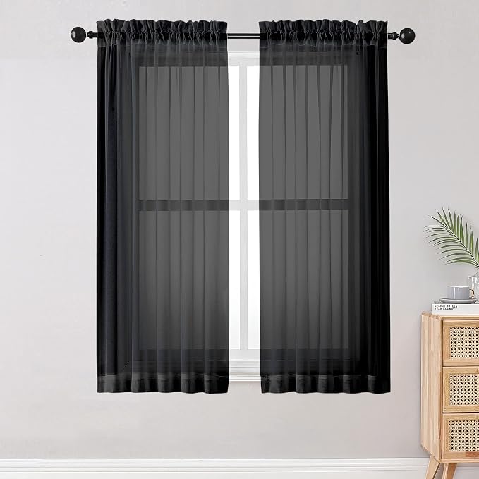 OWENIE Sheer Curtains Living Room 54 inches Long, Rod Pocket Curtain Sheers Bedroom, Light Filtering Voile Panels Drapes Small Window Treatments 2 Panels, 42" W x 54" L, Black