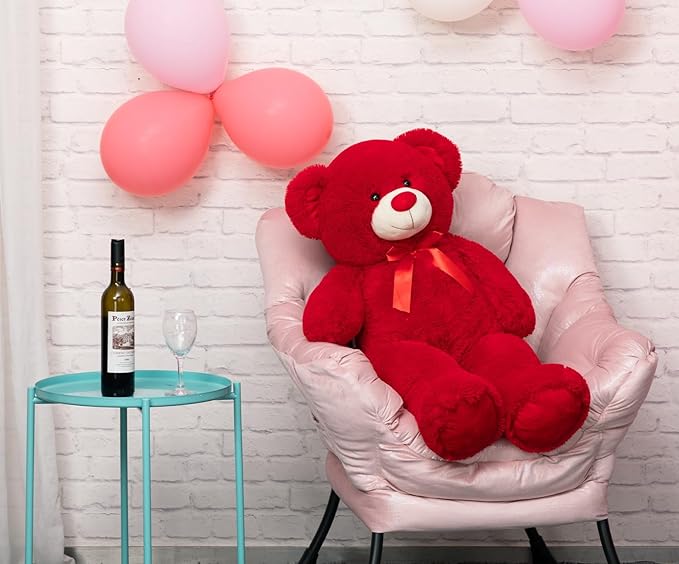 Big Teddy Bear Stuffed Animal Giant Teddy Bear Plush with Red Ribbon Bow Plush Toy Gift for Girlfriend Bride 36 inch Red