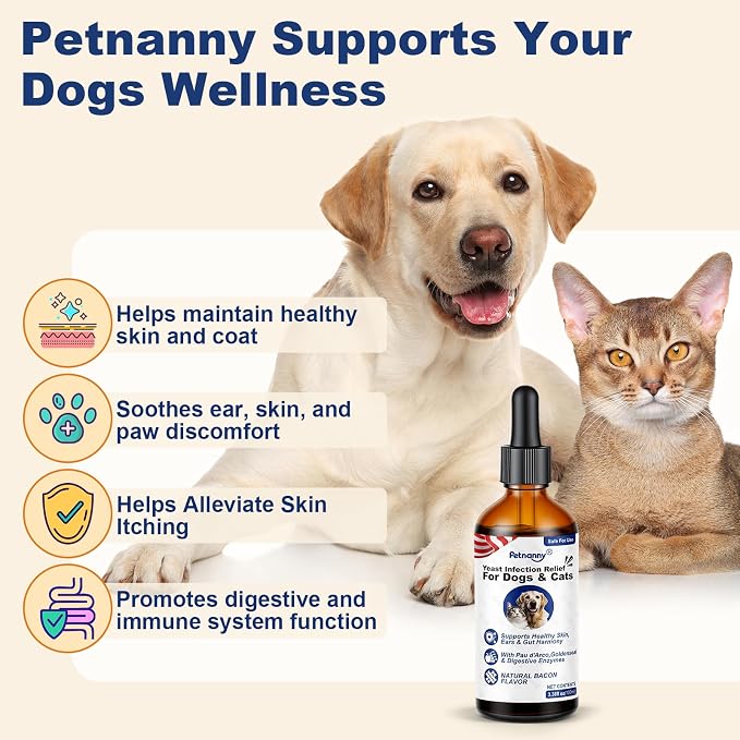 Petnanny Yeast Infection Support for Dogs, Natural Herbal Supplement Yeast Infection Drops with PAU d’Arco & Goldenseal, Supports Healthy Yeast Balance, Digestion & Immune Health, Bacon Flavor