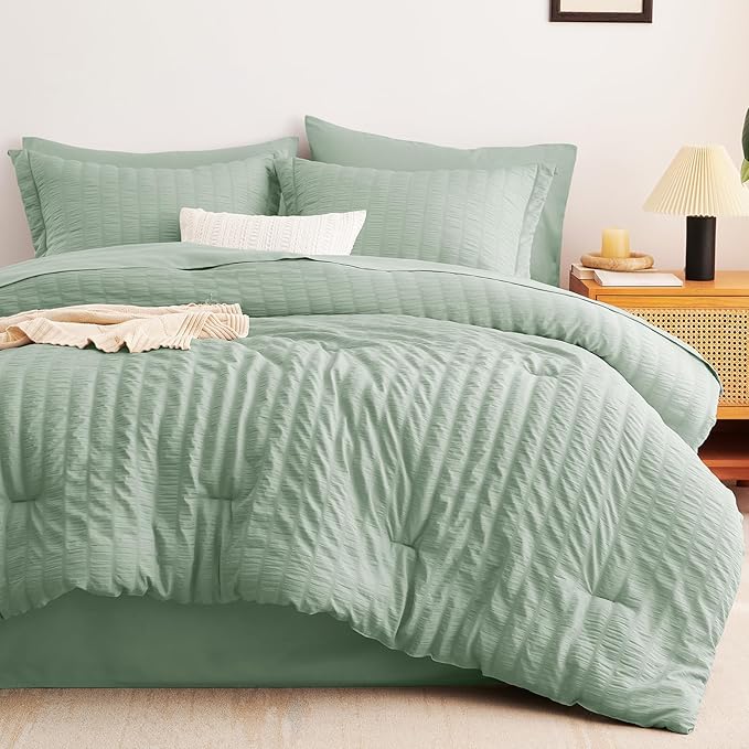 CozyLux Queen Comforter Set Sage Green Seersucker 7 Pieces Bed in a Bag Queen Comforter Set with Sheets, Luxury Soft Bedding Set with Down Alternative Comforter, Sheets, Pillowcases & Shams All Season