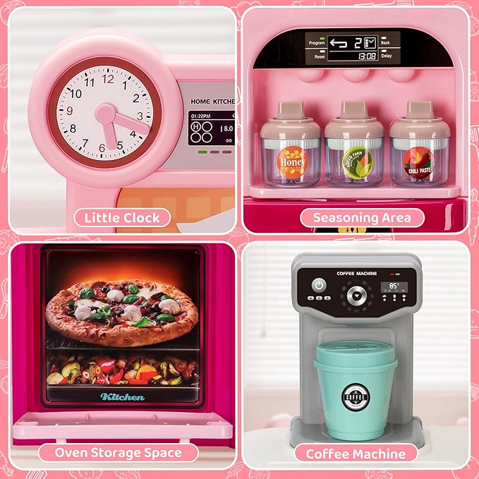 Kids Kitchen Playset, Toddler Play Kitchen Set Toys with Sound & Light, Cooking Stove, Play Sink, Play Food Kitchen Accessories, Pretend Kitchen Toy for Kids Toddlers Girls Ages (Pink)