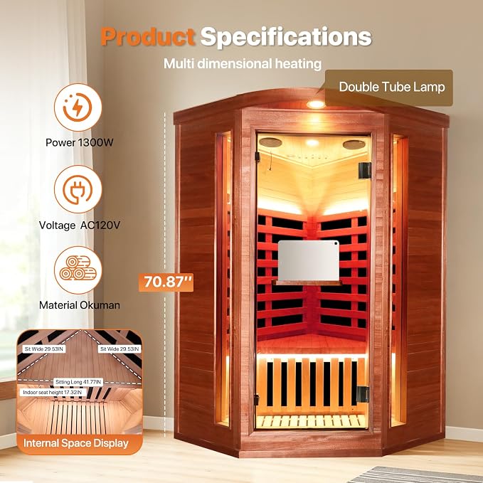 OUTEXER Corner Sauna for One Person Far Infrared Sauna Low-EMF African Mahogany Wood 1300W Indoor Saunas Wood Wax Oil on Outer Surface 37 * 37 * 71Inch