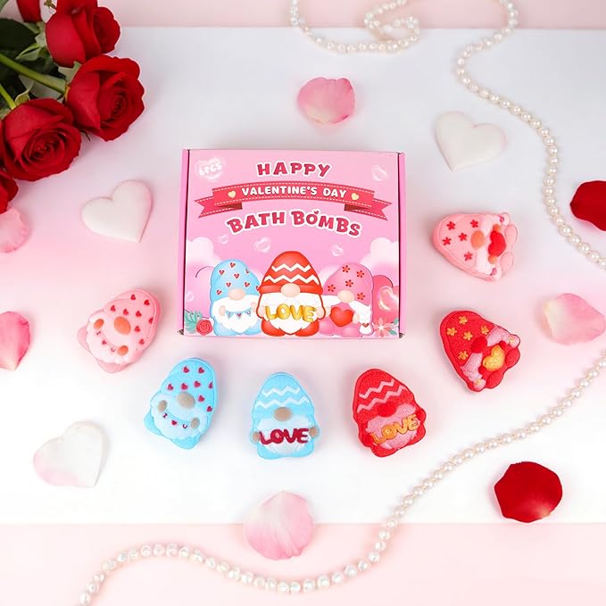 Valentines Bath Bombs, 6PCS Valentines Gnomes Heart Bath Bombs Gift Set for Women Essential Oil Bubble Bath，Body Relaxation Box for Her Wife Mom Friend