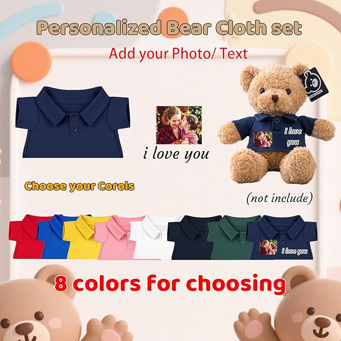 10 Pcs Personalized Teddy Bear Clothes with Text Photo, Custom Stuffed Animal Clothing Fit 8-16 inch Stuffed Bear Clothes for Teddy Bears, Doll Clothing Make Your Own Plush Doll Shirt