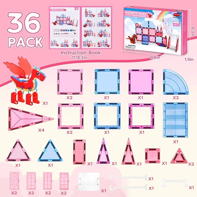 VANLINNY Magnetic Tiles for Kids 3-5 4-8, Movable Dragon Toys for Boys and Girls, 36-Piece Castle Magnet Toy, Creative Magnetic Construction Building Set for Classroom Preschool, Xmas Birthday Gift