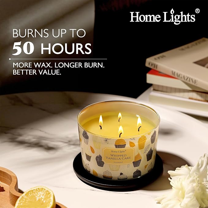HomeLights Scented Candles for Women & Men, 18oz Candle Jars Aromatherapy 4-Wick Candle, Ideal for Rustic Modern Home Decor and Gifts, Whipped Vanilla Cake