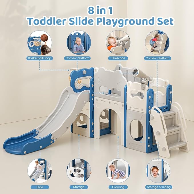 Toddler Slide Indoor, 8 in 1 Indoor Playground for Kids 1-3 Toddler Playset with Climber, Basketball Hoop, Tunnel and Storage Space Kids Outdoor Slide Playset (Blue)