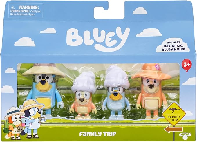 Bluey Figure 4-Packs, Family Trip, 2.5 Inch Poseable, Bingo, Bandit and Chilli, with Accessories, Kids Can Recreate Their Favorite Moments