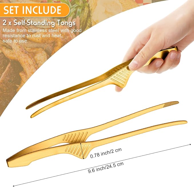 Patelai 2 Pieces Korean and Japanese BBQ Tongs Non Slip Cooking Utensils Stainless Steel Tongs for Serving Food, Salad, Camping, Barbecue, Buffet, Oven with Support Stand (Gold)