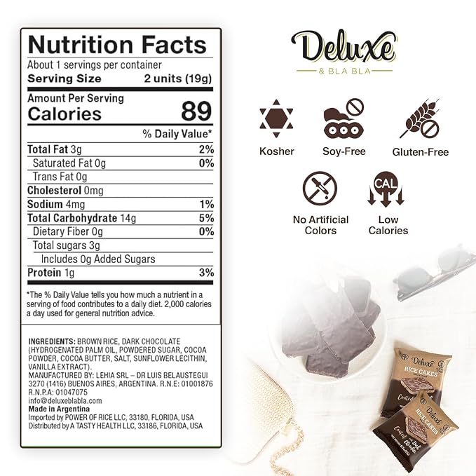 Deluxe & Bla Bla Chocolate Covered Rice Cakes 57 Pack – Whole Grain, Gluten-Free, Kosher, Low-Calorie Snack – Coated with Dark Chocolate – Healthy & Crunchy Treat – Individually Wrapped, (19g Each)