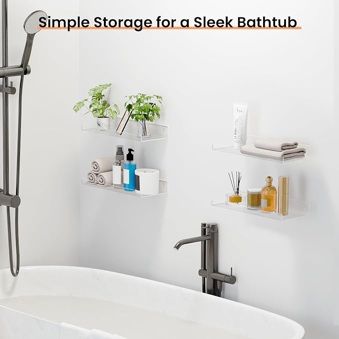 upsimples 15" x 6" Acrylic Shelves for Wall Storage and Organizer, 4 Pcs | Versatile Floating Shelf for Skincare, Bag, Wall Organizer for Bathroom, Bedroom, Living Room, Kitchen, Playroom, Room Décor