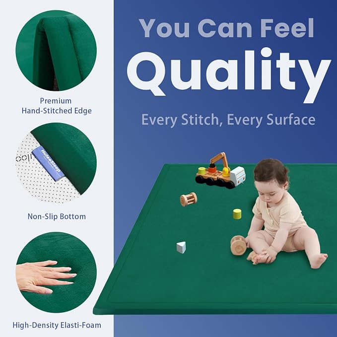 Ultra Soft Baby Play Mat for Floor,1.3" Thick Elasti-Foam 50x50 Playpen Mat for Toddlers Infant kids,Non-Slip Backing Safe for Crawling&Tummy Time,Tatami Style (Dark Green)