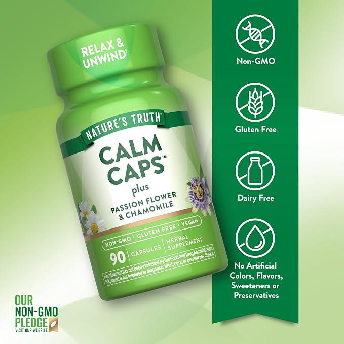 Nature's Truth Calm Caps | 90 Capsules | with Passion Flower and Chamomile | Vegan, Non-GMO & Gluten Free Supplement