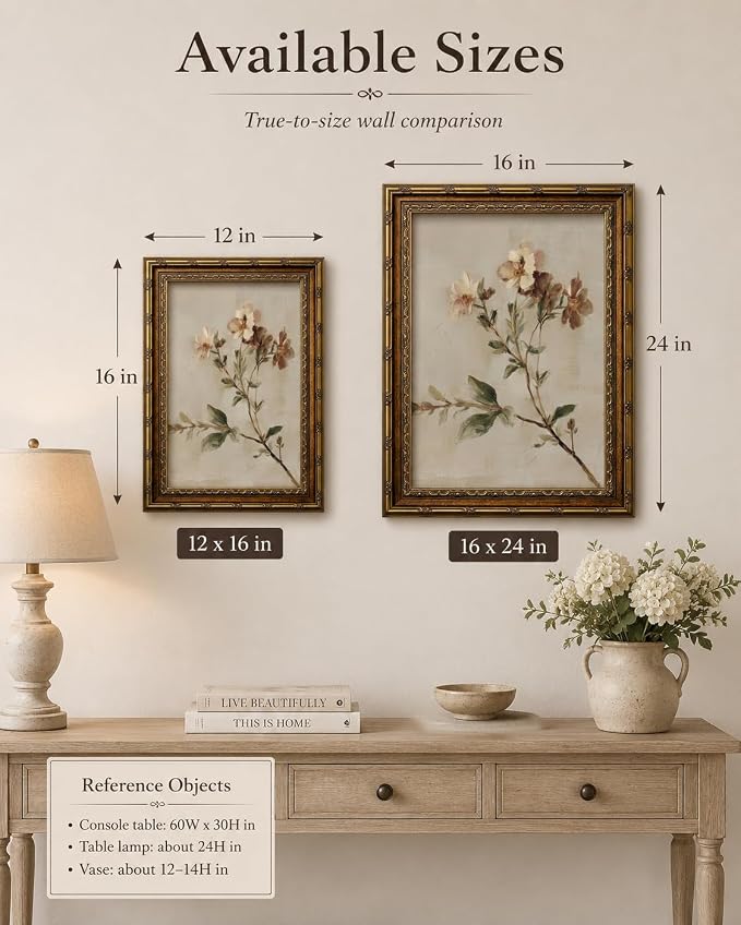Wildflower Wall Art, Vintage Gold Framed Botanical Canvas, 16 x 24 in | Rustic farmhouse floral print for living room, bedroom, kitchen, hallway, cottagecore or country home decor.