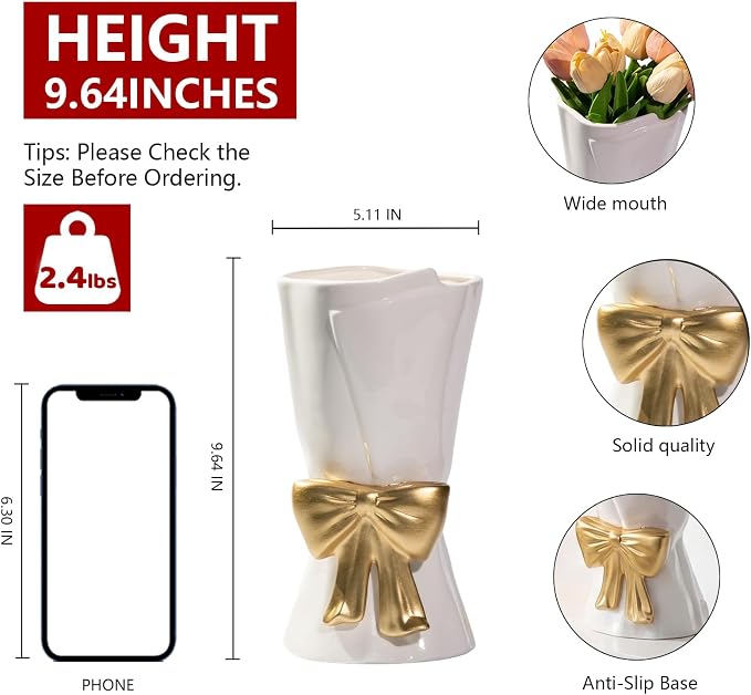 Relexome Fully Glazed White Ceramic Gold Bow Vase 9.64 in Unique Cute Modern Decorative Bouquet Flower Vases for Home Living Room Table Mother's Day Decor Women Gifts