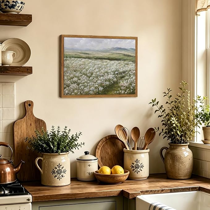 Framed Vintage Landscape Wall Art, Country Wildflower Field Pictures Wall Decor, Rustic Nature Flower Paintings Canvas Prints Farmhouse Home Decor for Living Room Bedroom Bathroom 16x24 inch