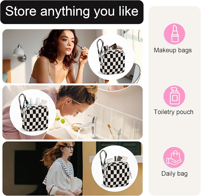 Corduroy Period Pouch for Women, Cute Sanitary Pad Pouch with Zipper, Portable Tampon Holder for Purse, Sanitary Napkin Storage Bag for Travel (Checkered Black White)